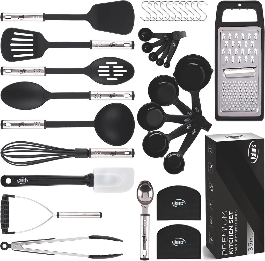 Juego de Utensilios de Cocina de 35 Piezas Juego de Utensilios de Cocina, Antiadherentes y Resistentes al Calor de Nylon Acero Inoxidable Silicona Juego de Espátulas - Gadgets de Cocina Elementos