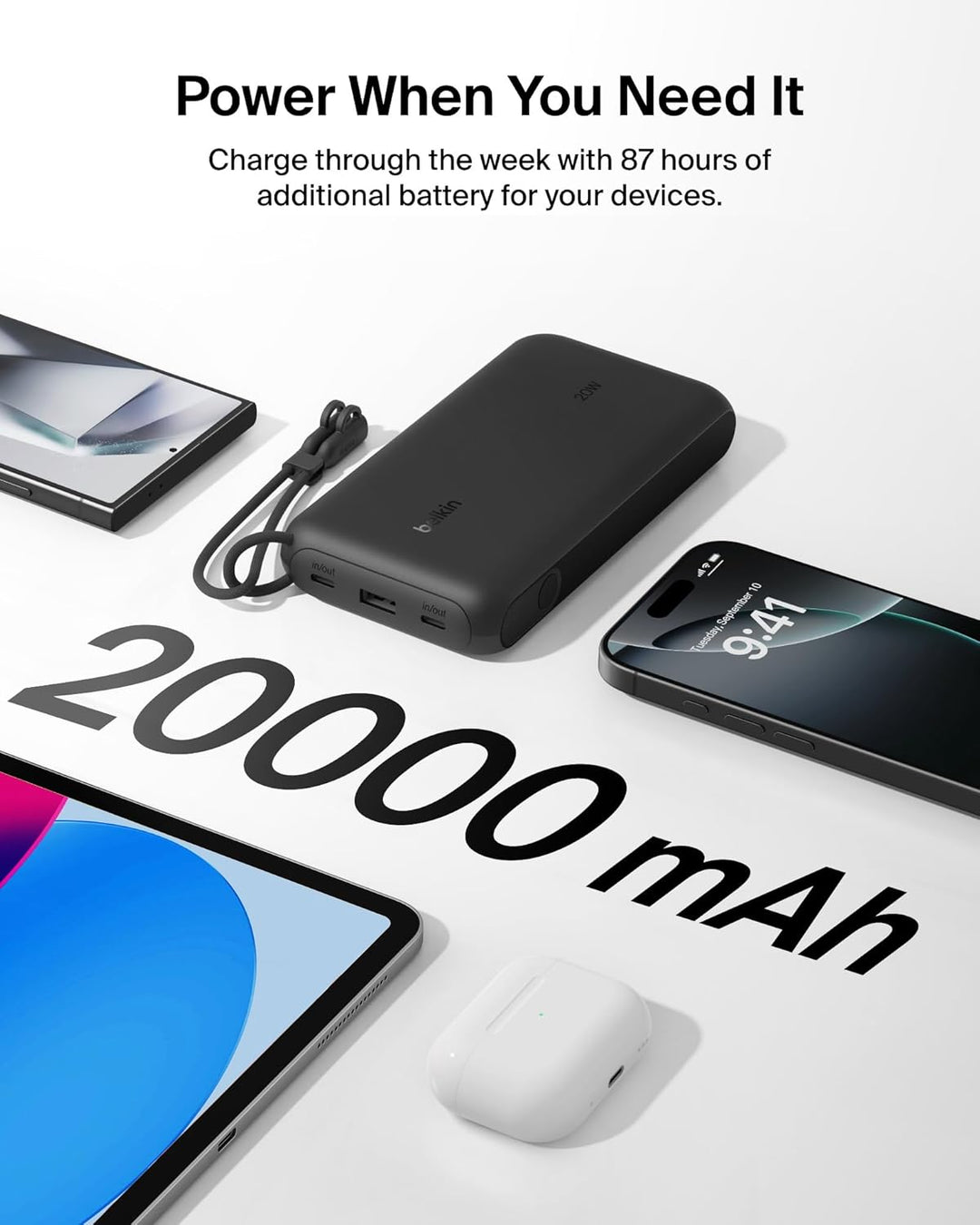 Belkin Cargador portátil, cargador de batería USB-C de 20,000 mAh c...