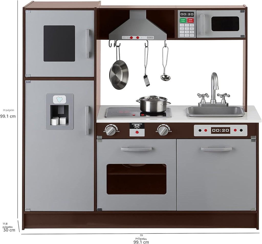 Amazon Basics - Juego de cocina vertical de madera para niños con estufa, horno, fregadero, refrigerador y accesorios, para niños pequeños, preescolares, niños de 3+ años, color espresso/gris