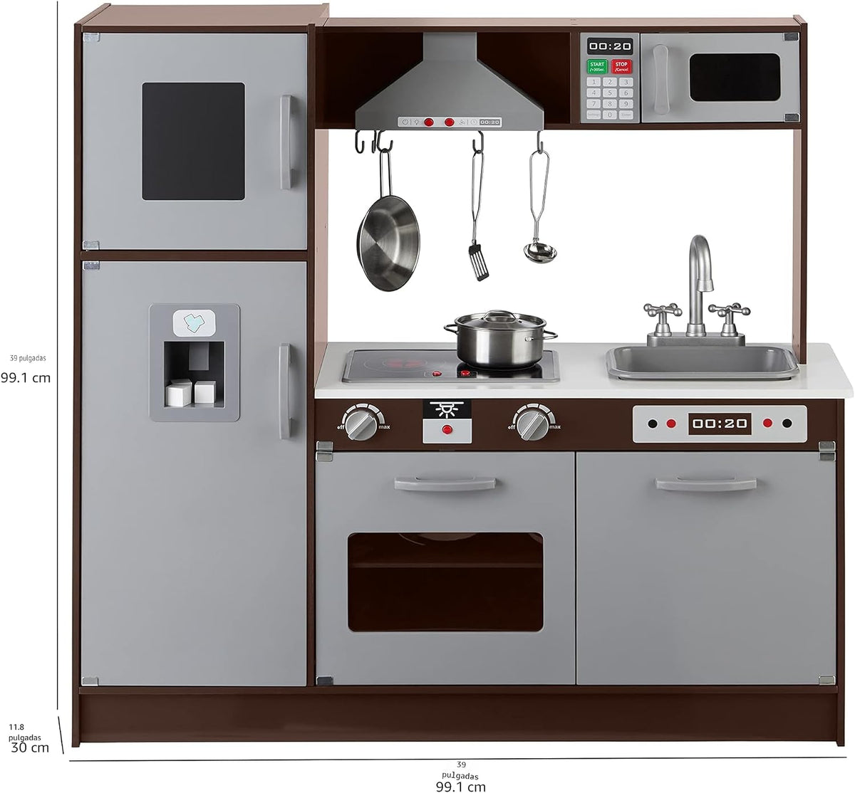 Amazon Basics - Juego de cocina vertical de madera para niños con estufa, horno, fregadero, refrigerador y accesorios, para niños pequeños, preescolares, niños de 3+ años, color espresso/gris