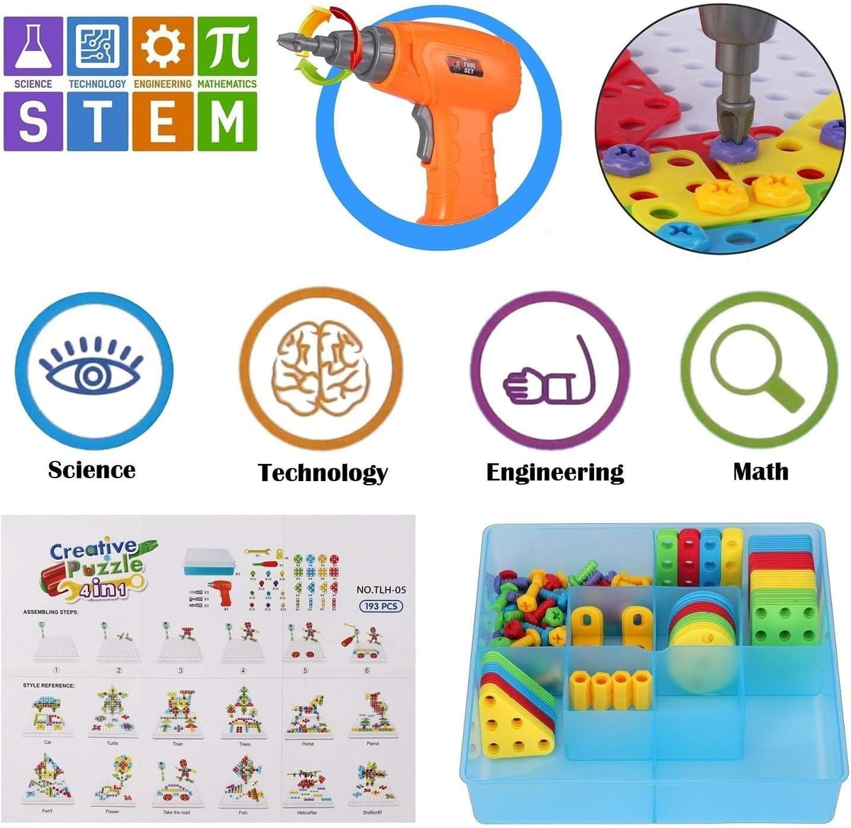 Kit de taladro y construcción STEM para niños de 3 a 8 años | Taladro de juguete eléctrico con más de 193 piezas (tornillos, tuercas, sujetadores de arco iris) | Juguetes de construcción de diseño