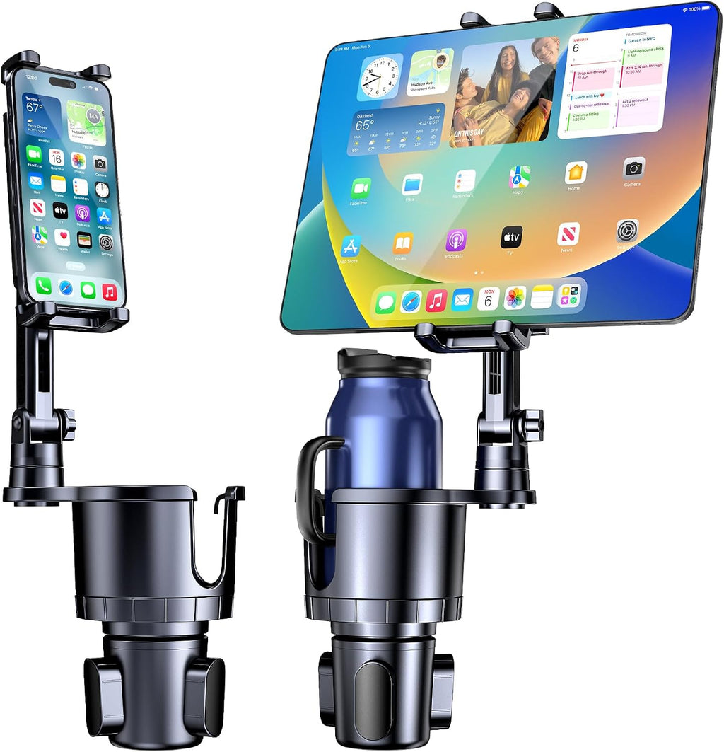 Portavasos para teléfono y tableta, 2 en 1, iPad con brazo extensible ajustable para teléfono de 4.7 a 10 pulgadas, soporte para tableta compatible con iPad Pro Air Mini, Fire, iPhone 17, Galaxy