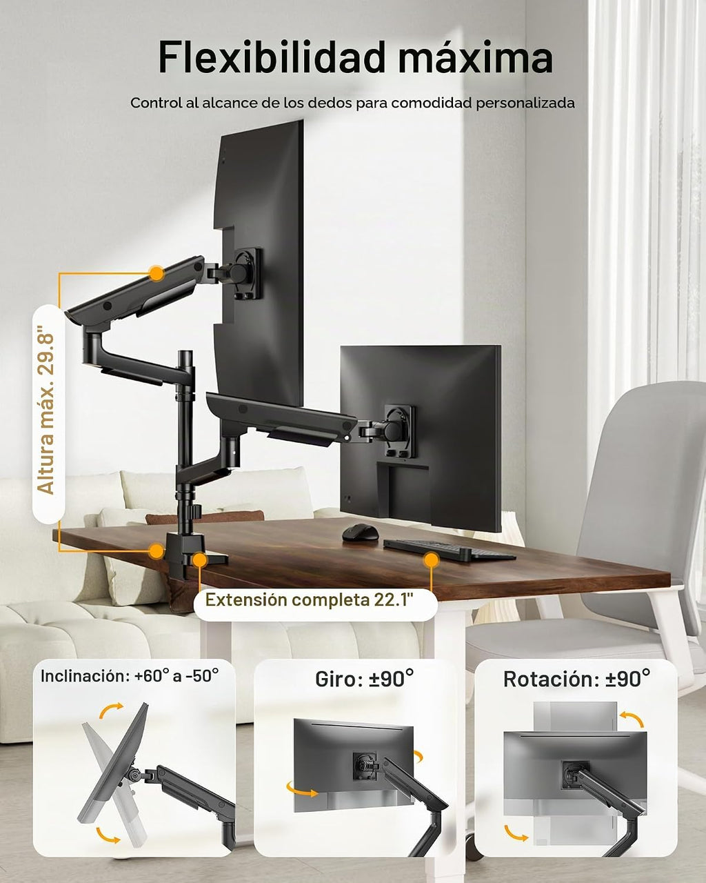 monTEK Brazo Dual Ultrawide para Monitores de 17-57" Pantallas, USB, Negro