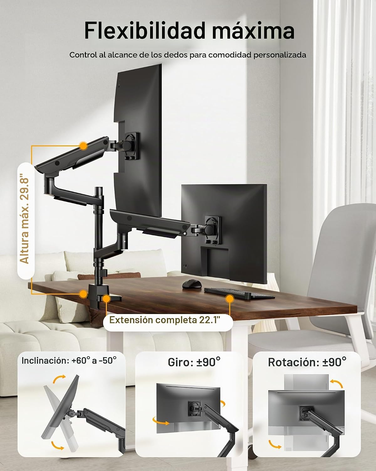 monTEK Brazo Dual Ultrawide para Monitores de 17-57" Pantallas, USB, Negro