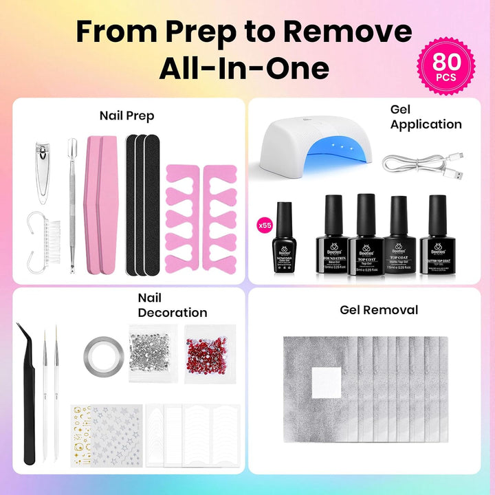 Beetles - Kit de esmalte de uñas de gel con luz UV, 80 unidades, 55...