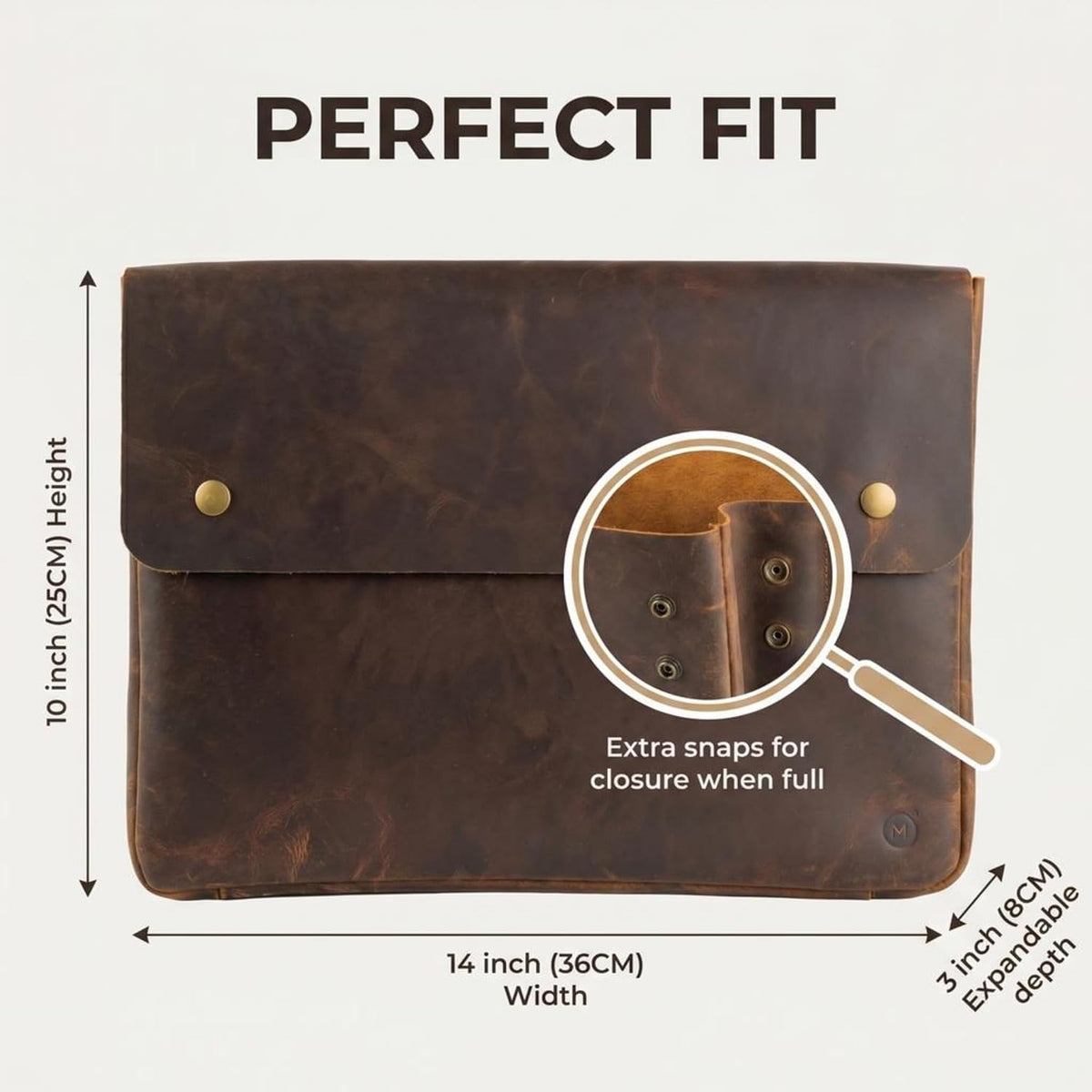 MOONSTER® - Bolsa de cuero para computadora portátil, funda de cartera, espaciosa, hecha a mano con diseño sin tirantes de cuero de búfalo de grano completo, perfecto para laptops, MacBook y tabletas de 13 pulgadas, 14 pulgadas y 15 pulgadas