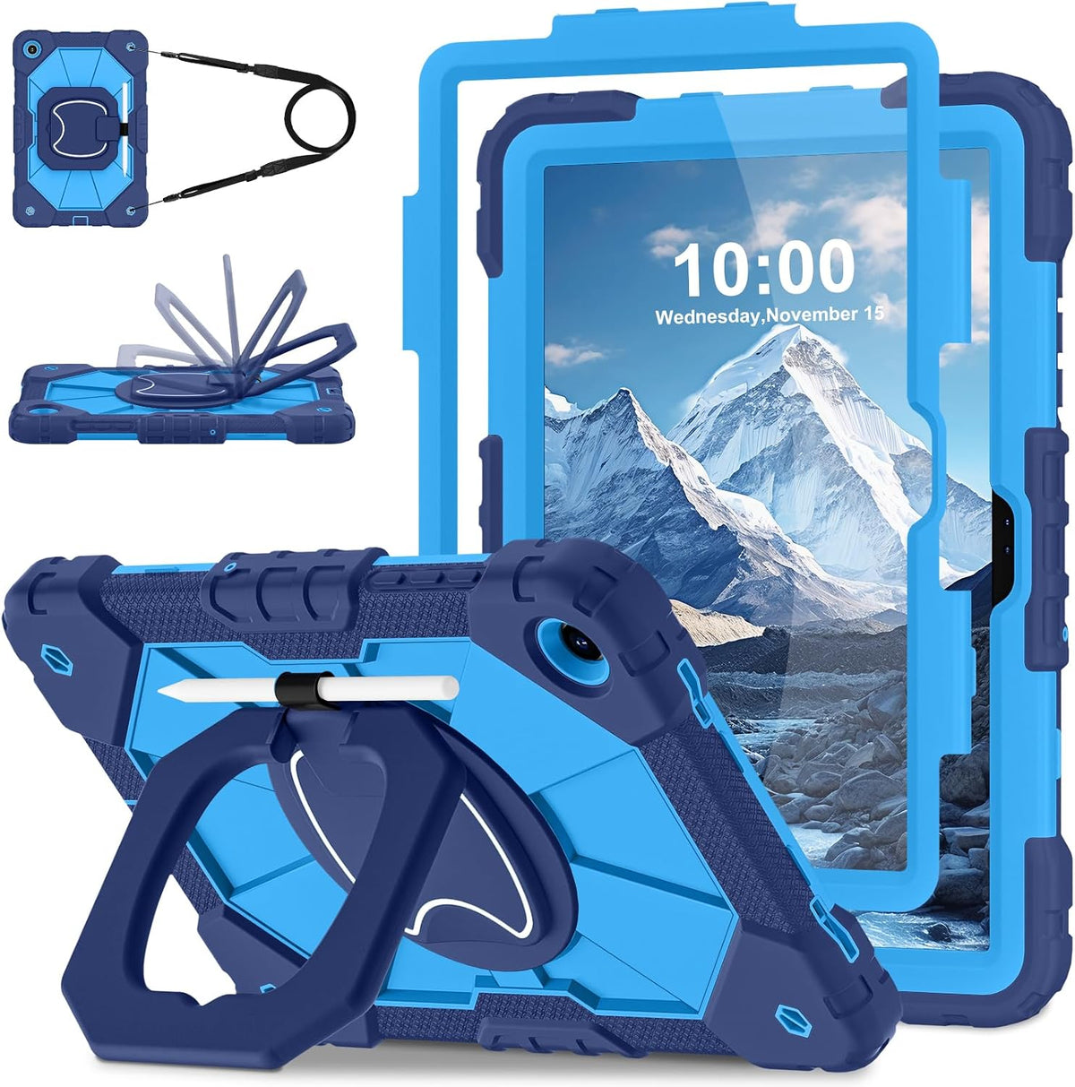 WESOROL Funda para Galaxy Tab A11 Plus/A9 Plus de 11 pulgadas, a prueba de golpes para tableta Samsung A11+/A9+ con protector de pantalla con soporte giratorio de 360 grados, correa para el hombro, azul marino