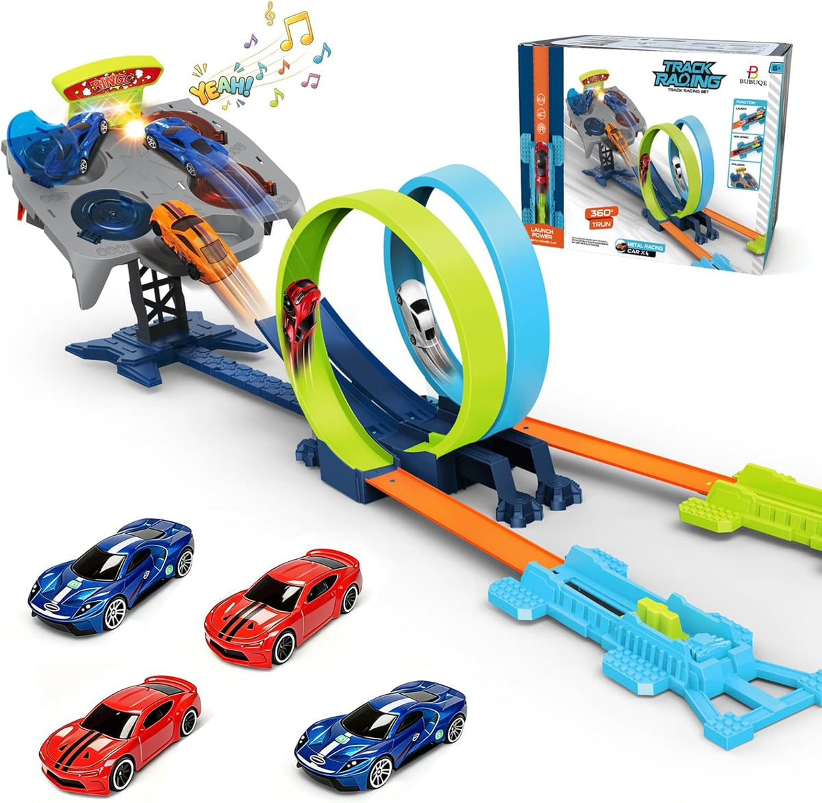 Juego de pistas de carreras de autos de juguete doble para niños, 2 jugadores, bucle y lanzamiento, juguete con puntos, 4 autos de carreras de aleación de metal, efectos de sonido interactivos y