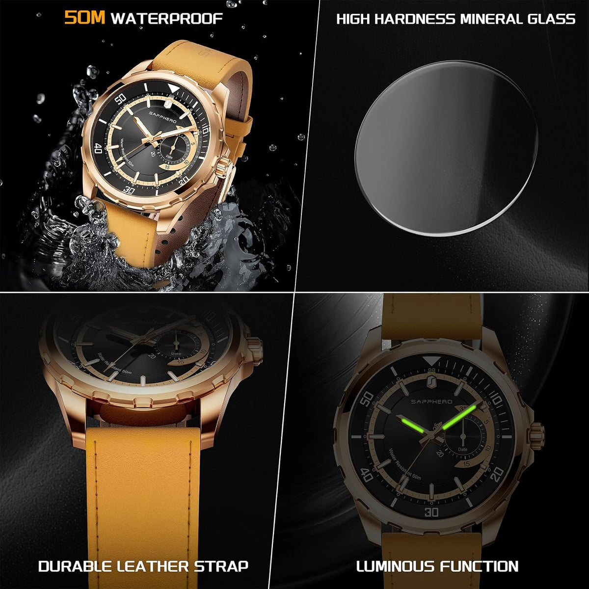 SAPPHERO Reloj para hombre con subesfera de fecha/esfera de números arábigos, cuarzo analógico, correa de acero inoxidable/piel, 164 ft impermeable, reloj de pulsera de vestir casual para trabajo de