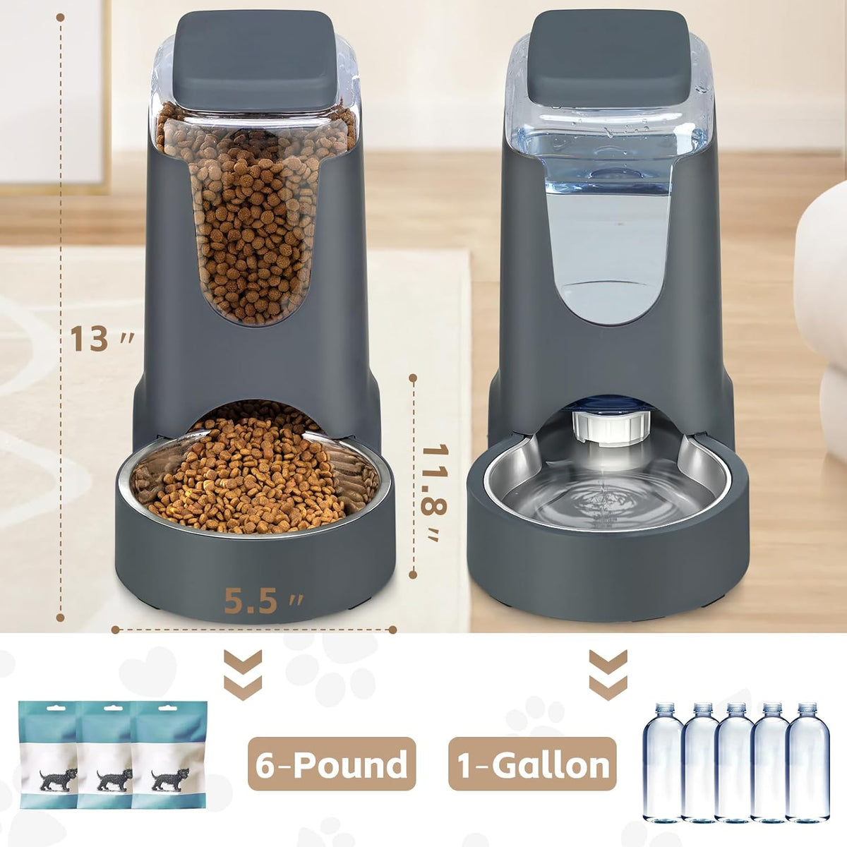 Comedero y dispensador de agua automático para gatos con cuenco de acero inoxidable, comedero por gravedad para perros y bebedero para mascotas pequeñas, medianas, cachorros y gatitos, 3,8 litros x 2