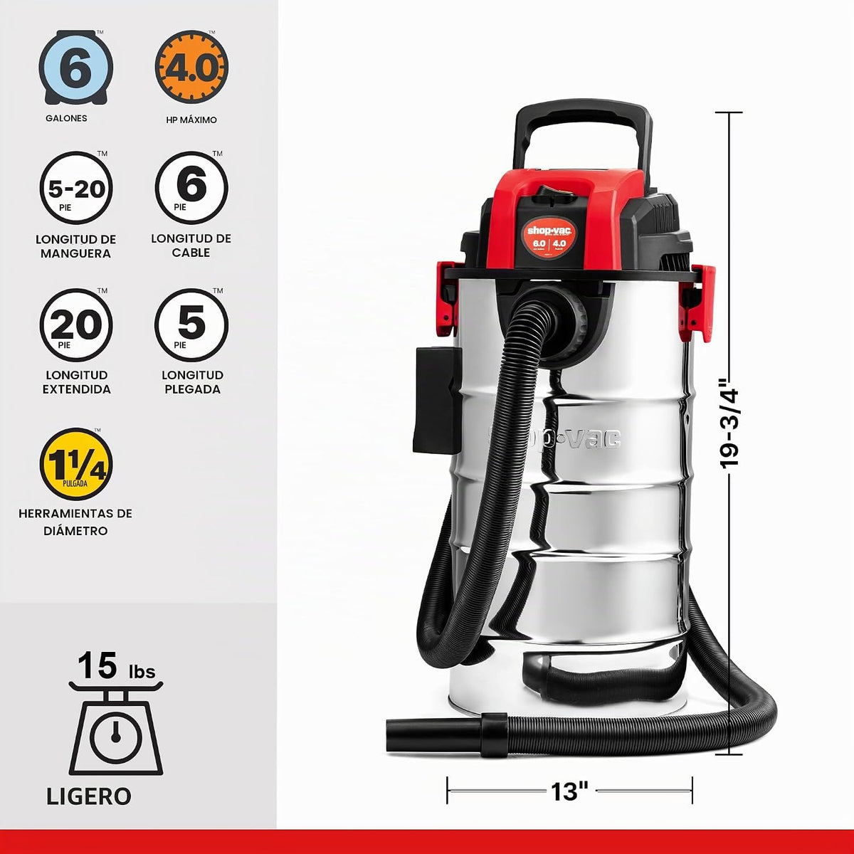 Shop-Vac Aspiradora húmeda/seca HP de 6 galones y 4.0 picos, para montaje