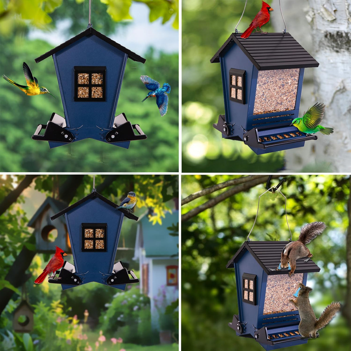 Comedero para pájaros a prueba de ardillas, colgante de metal para semillas de aves silvestres al aire libre, con perchas bilaterales activadas por peso, comedero grande que atrae a cardenales, gallineros y más pájaros, uno en azul