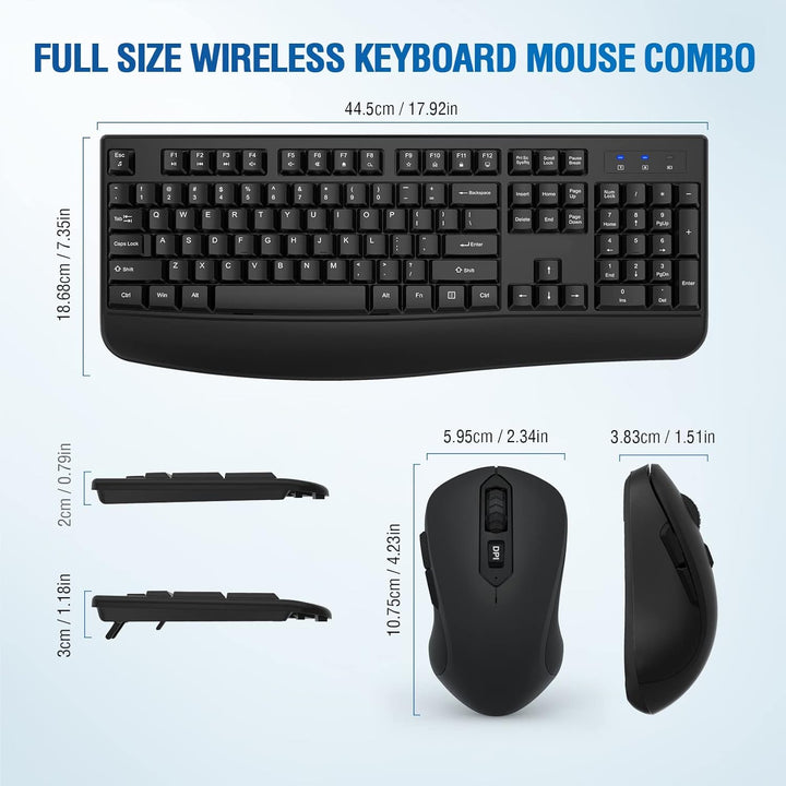 Combo de teclado y mouse inalámbricos de tamaño completo 2.4GHz con...