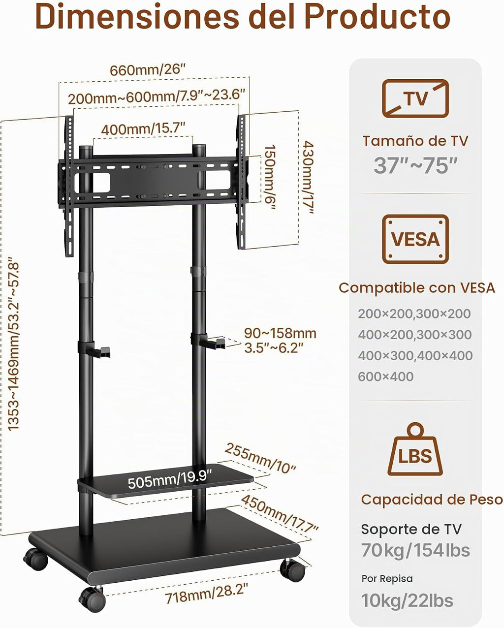 Soporte de TV rodante con soporte de barra de sonido para