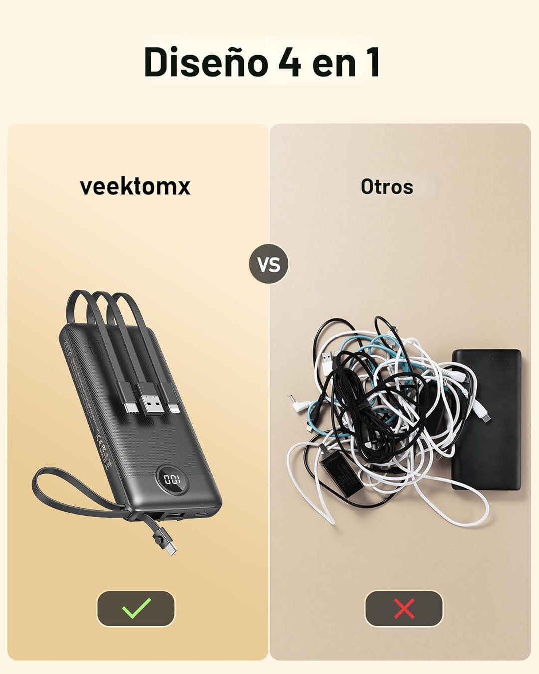 VEEKTOMX Cargador portátil con cables integrados, cargador de bater...