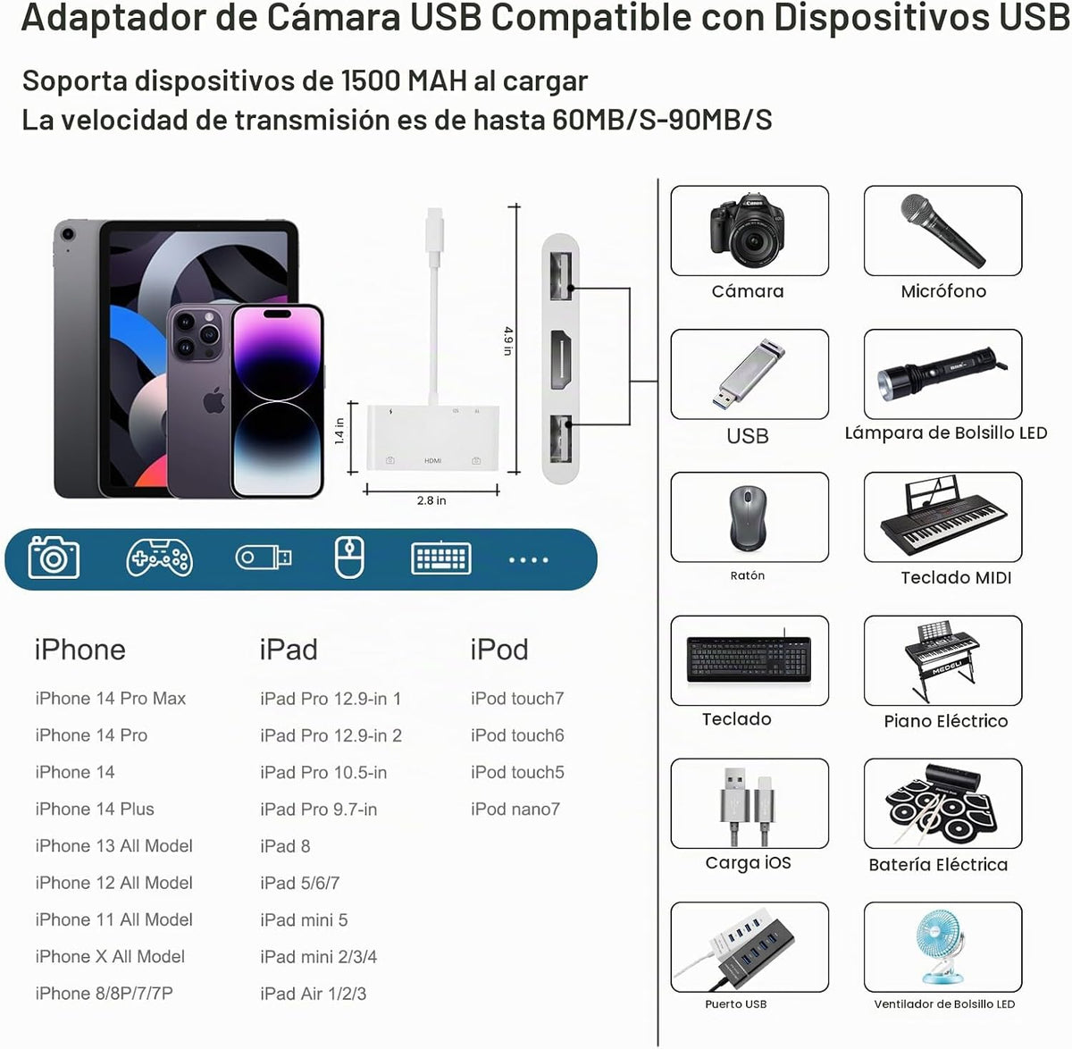 Adaptador de Lightning a HDMI con Puerto de Cámara USB y Carga, Lector de Tarjetas SD