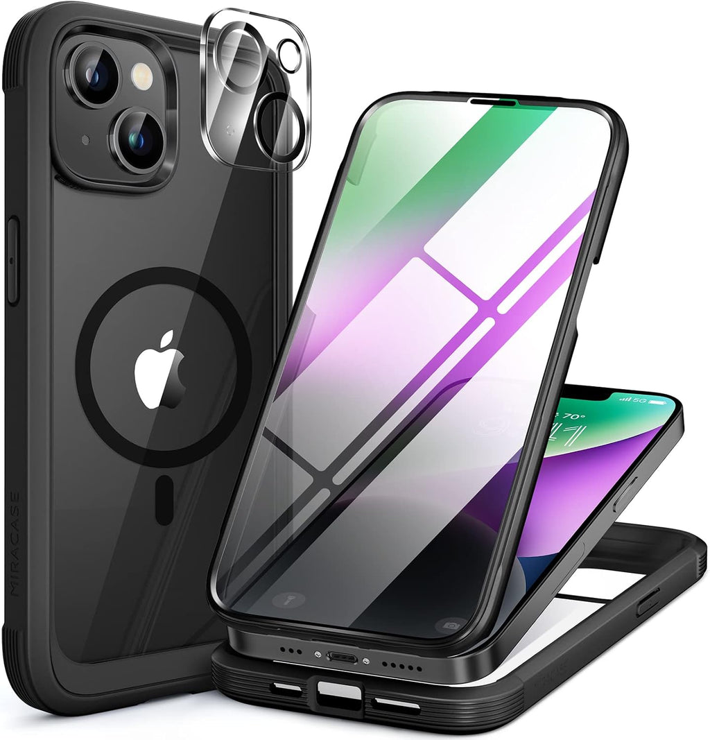 Miracase Magnetic para iPhone 14 Case 6.1", Bumper de cuerpo completo, [Sin burbujas] Protector de pantalla de vidrio templado integrado + Protector de lente, compatible con MagSafe, Sin huecos, Funda a prueba de caídas para iPhone 14, negro