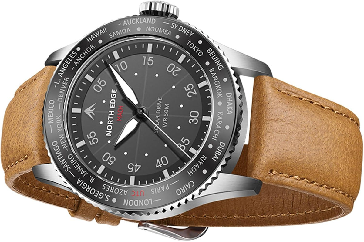 Reloj Solar Pilot para Hombre NORTH EDGE - Movimiento de Cuarzo, Cristal Mineral, Correa de Cuero Ligera y Duradera, Modelo: MACH