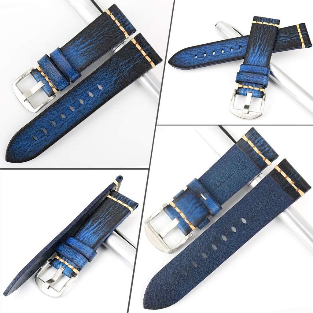 Maikes - Extensible de reloj de piel auténtica hecha a mano, 18 mm/1.8 cm de ancho, 19 mm/1.9 cm, 20 mm/2 cm, 22 mm/2.2 cm, 23 mm/2.3 cm, 24 mm/2.4 cm, 26 mm/2.6 cm, extensible de reloj inteligente para hombres y mujeres., Hebilla azul + plata.