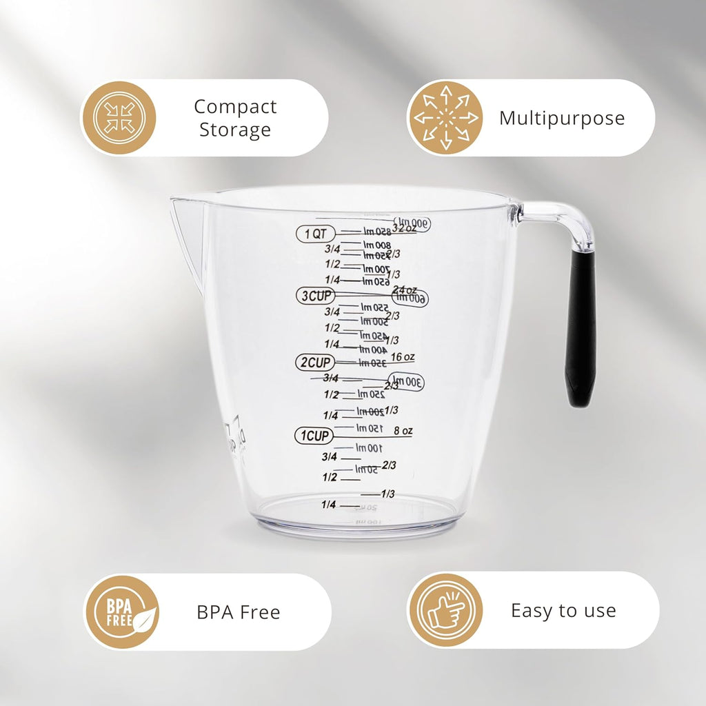Dalup Juego de Tazas Medidoras – Tazas Medidoras de Plástico Transparente para Líquidos (8/16/32 oz) con Busque y Asa Antideslizante | Juego de 3 Tazas Medidoras de Plástico para Líquidos y Ingredientes Secos
