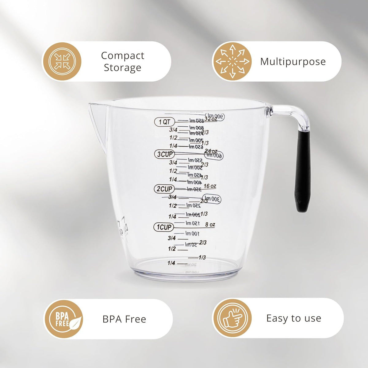 Dalup Juego de Tazas Medidoras – Tazas Medidoras de Plástico Transparente para Líquidos (8/16/32 oz) con Busque y Asa Antideslizante | Juego de 3 Tazas Medidoras de Plástico para Líquidos y Ingredientes Secos