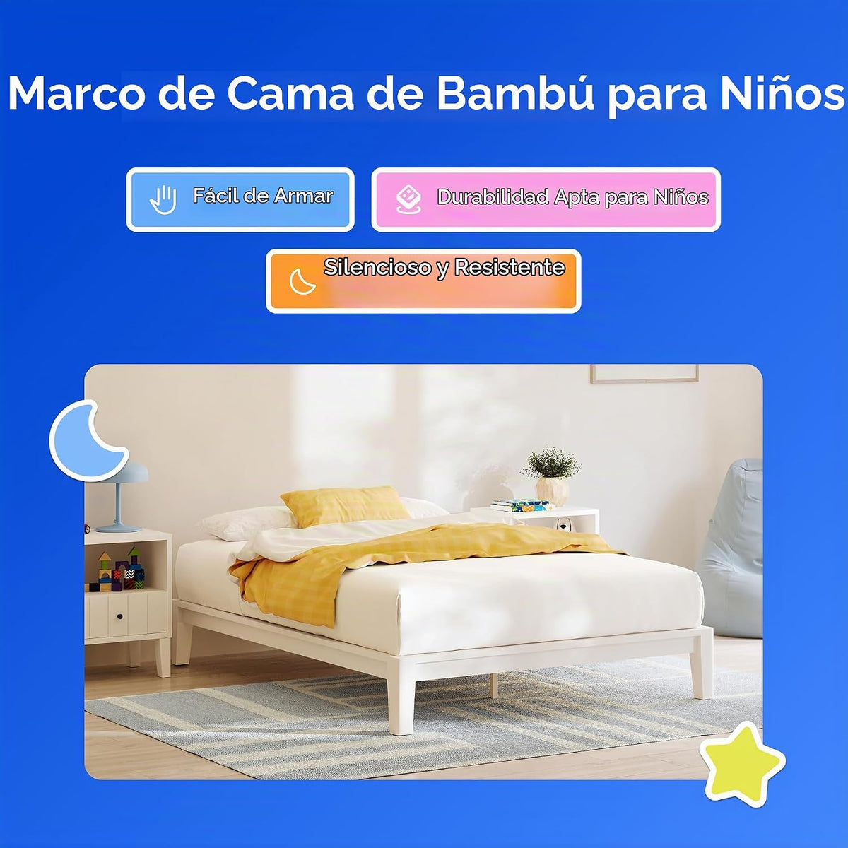 Nectar - Marco de cama de bambú para niños, individual, blanco, 12 pulgadas de altura, sin herramientas
