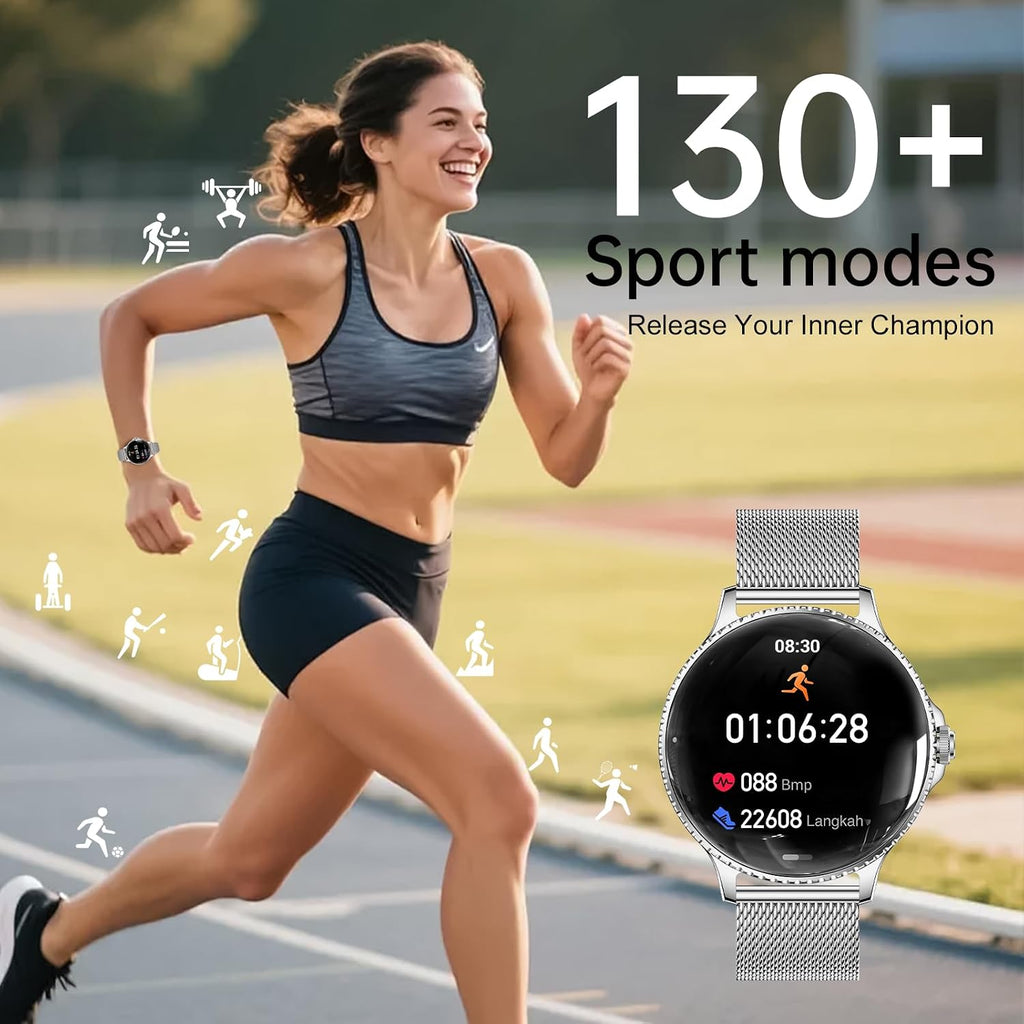 Reloj inteligente para mujer, pantalla AMOLED ultra clara de 1.32 pulgadas con llamadas Bluetooth (respuesta/hacer) seguimiento de actividad/frecuencia cardíaca y monitor de sueño, más de 120 modos