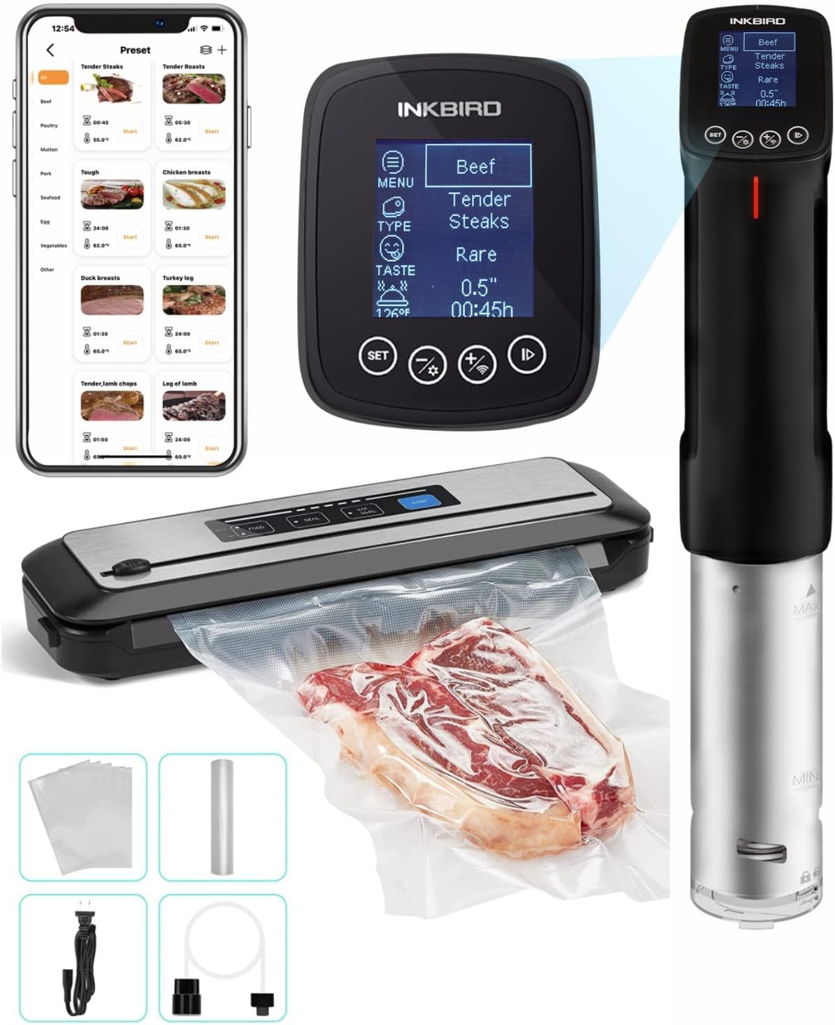 INKBIRD WIFI Sous Vide - Paquete de cocina con máquina selladora al vacío