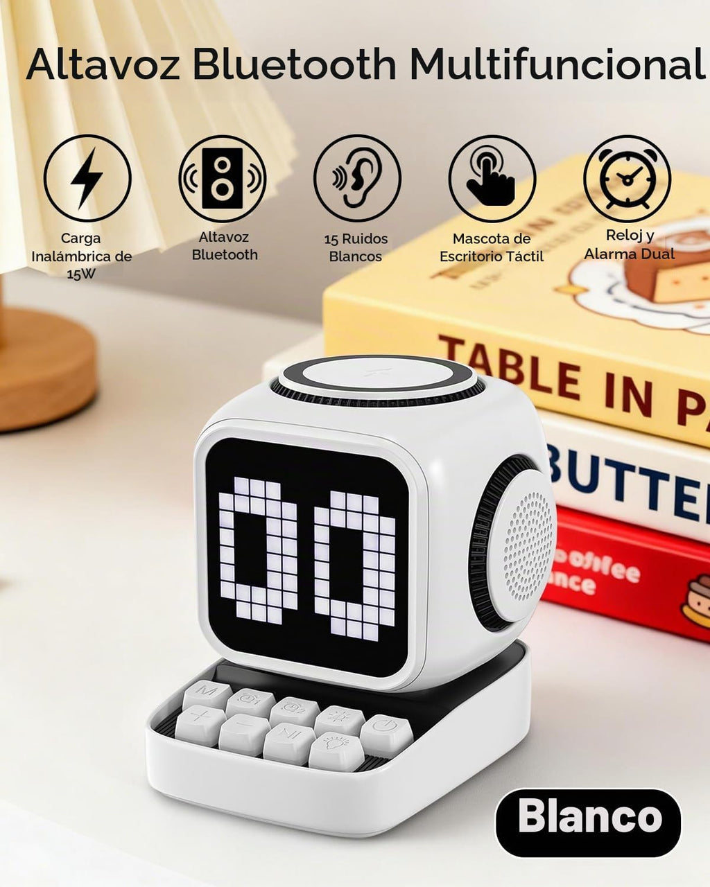Altavoz Bluetooth 5 en 1 de robot retro: cargador inalámbrico de 15 W, pantalla LED de píxeles, sonido estéreo de 10 W y 15 ruido blanco, reloj despertador, lindo altavoz inalámbrico portátil para