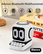 Altavoz Bluetooth 5 en 1 de robot retro: cargador inalámbrico de 15 W, pantalla LED de píxeles, sonido estéreo de 10 W y 15 ruido blanco, reloj despertador, lindo altavoz inalámbrico portátil para