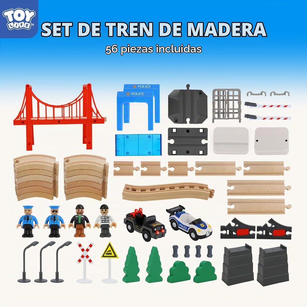 TOY Life - Juego de tren de madera, 56 piezas, juego de rieles de tren de madera, juguetes para niños de 3