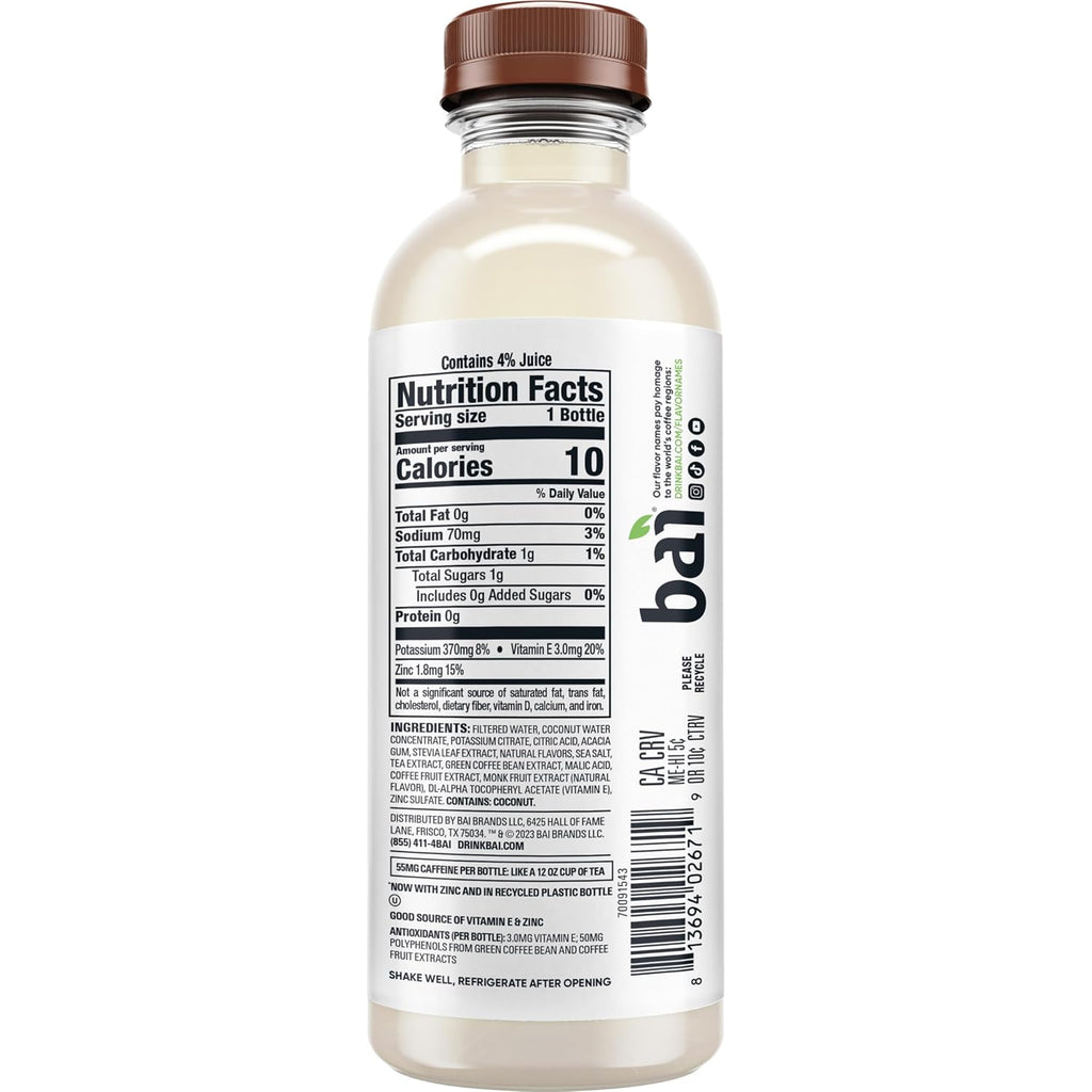 Bai Bebida de agua con infusión antioxidante, coco Molokai, con vitamina C y sin edulcorantes artificiales, botella de 18 onzas líquidas, paquete de 12