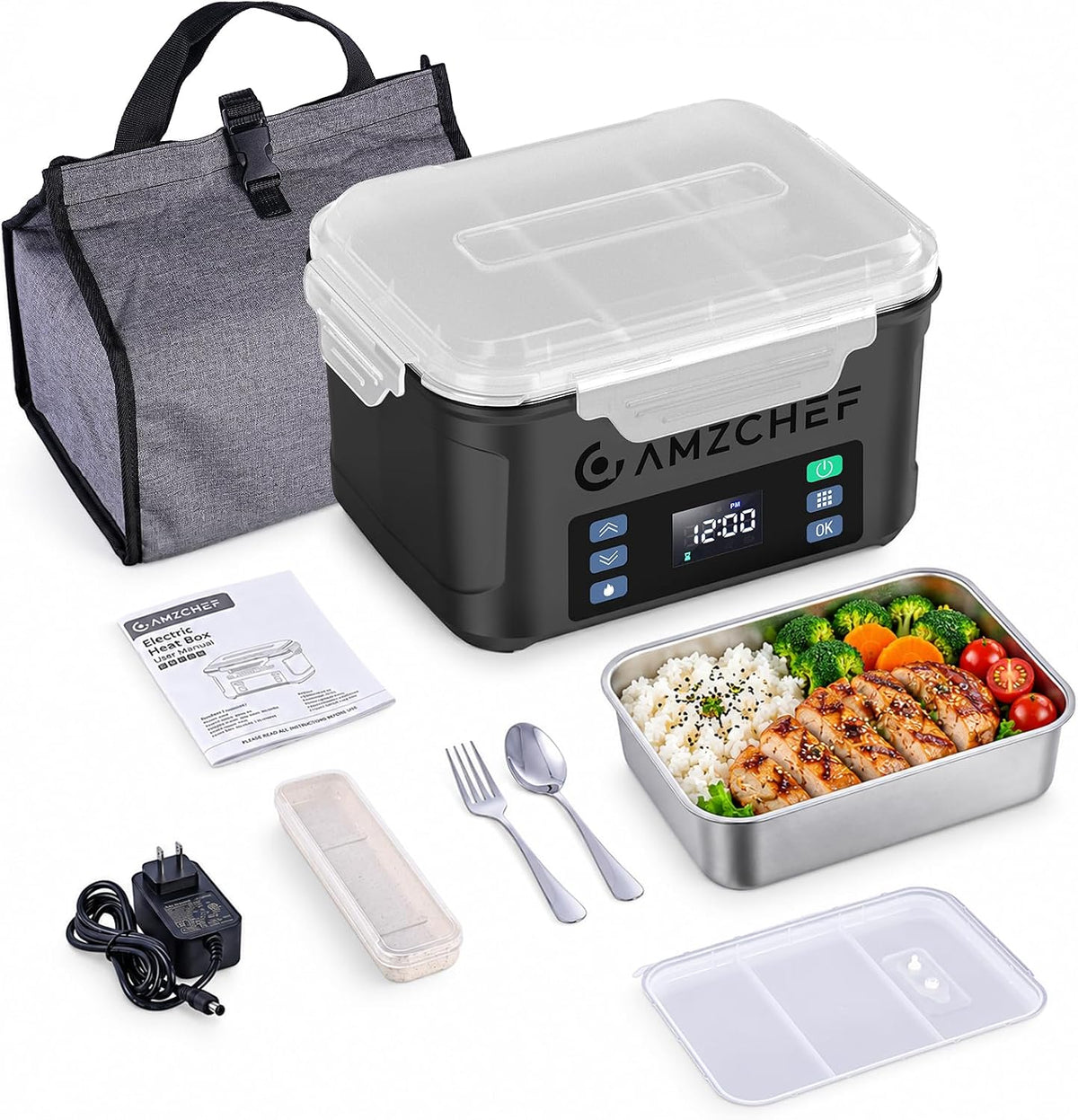 AMZCHEF Fiambrera eléctrica inalámbrica portátil, calentador de alimentos