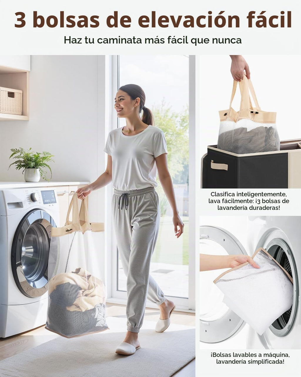 SOLEDI Cesta de lavandería de 3 secciones de 180L con tapa, cesta de ropa sucia extragrande con asas resistentes para lavandería y dormitorio, organizador duradero para clasificar la ropa sucia