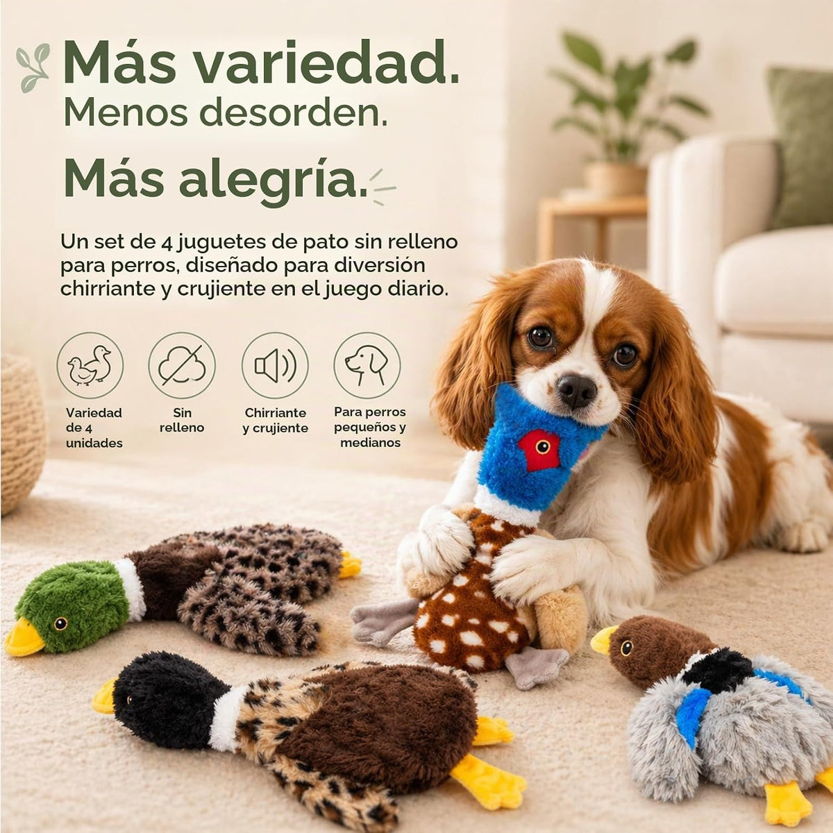 Juguetes de pato para perros sin relleno, paquete de 4 juguetes de peluche chirriantes para perros, juguetes para cachorros sin relleno para perros pequeños y medianos, juguetes suaves para