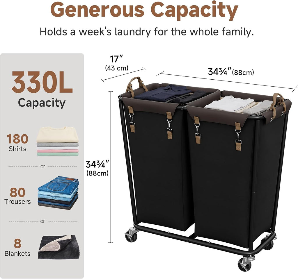 StorageWorks Cesta de lavandería de 2 secciones, carrito rodante negro