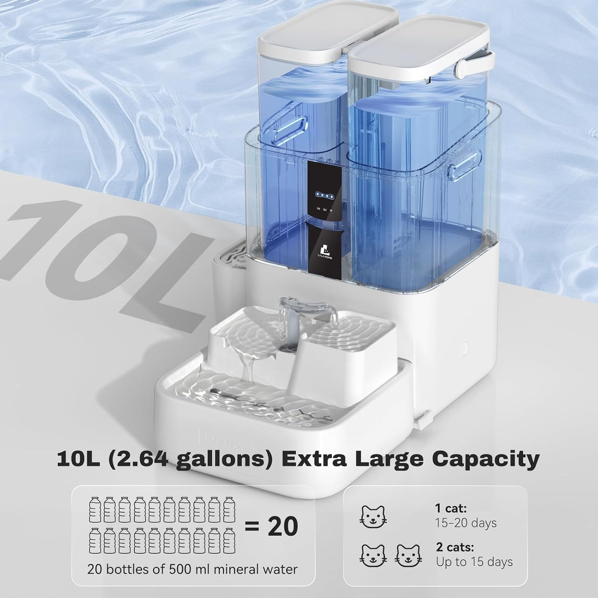 Fuente automática de agua para gatos de 10 L/338 onzas, autolenado y limpieza, dispensador de agua para mascotas con sistema de filtro para perros, 5G Wi-Fi Smart Bowl separación de aguas residuales y no es viscosa con bombas silenciosas