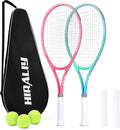 HIRALIY Juego de raquetas de tenis de 27 pulgadas para adultos, raquetas de tenis preencordadas para 2 jugadores, 2 cintas de sobreagarre, 3 pelotas y 1 bolsa de transporte, deporte recreativo al aire