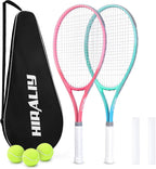 HIRALIY Juego de raquetas de tenis de 27 pulgadas para adultos, raquetas de tenis preencordadas para 2 jugadores, 2 cintas de sobreagarre, 3 pelotas y 1 bolsa de transporte, deporte recreativo al aire