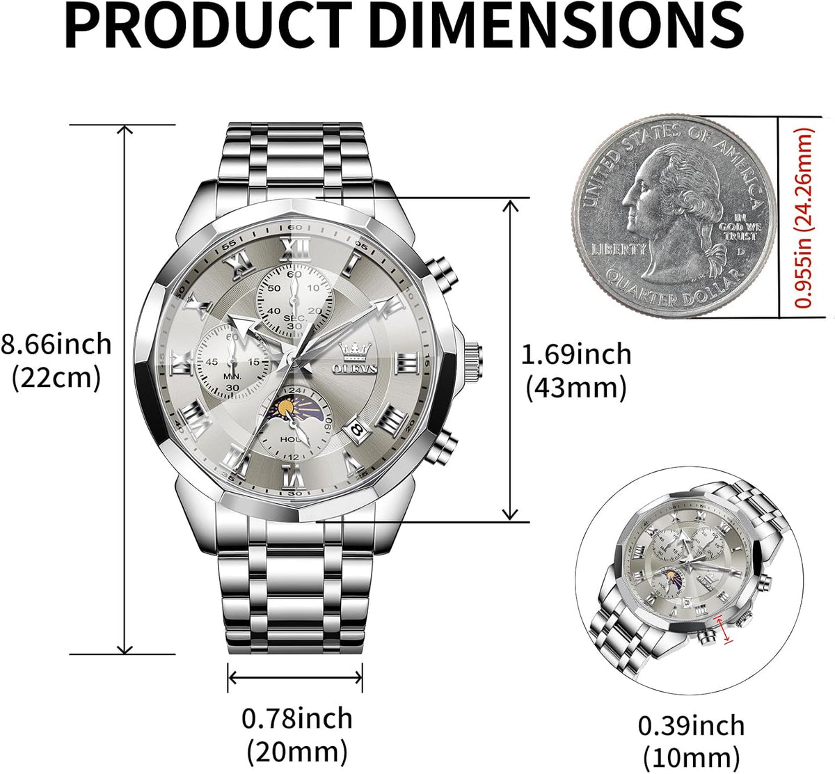 OLEVS Reloj para hombres, cuarzo, acero inoxidable, vestir, impermeable, luminoso