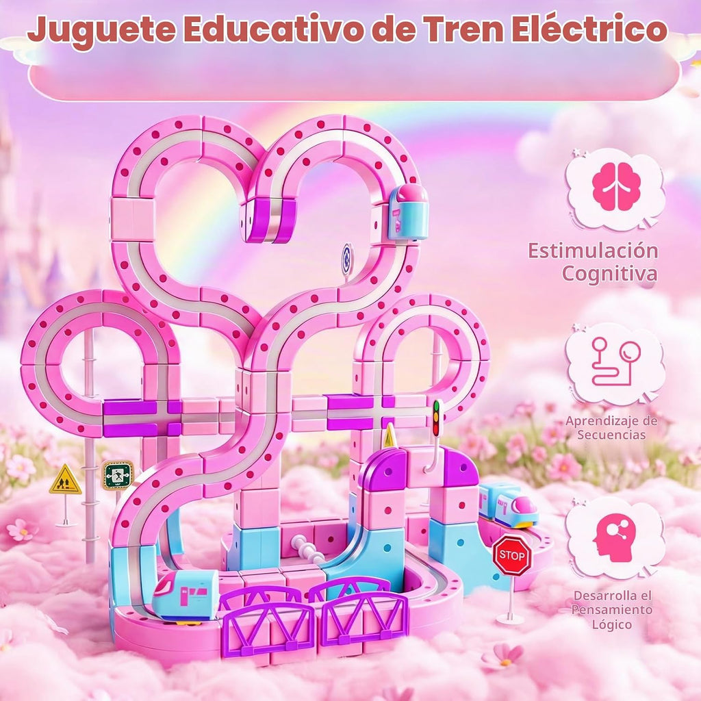 Juego de tren eléctrico rosa para niñas, 170 piezas magnética con diseño en forma de corazón, pista de carreras 3D antigravedad para bricolaje, juguete educativo STEM regalo para niños de 4 a 12