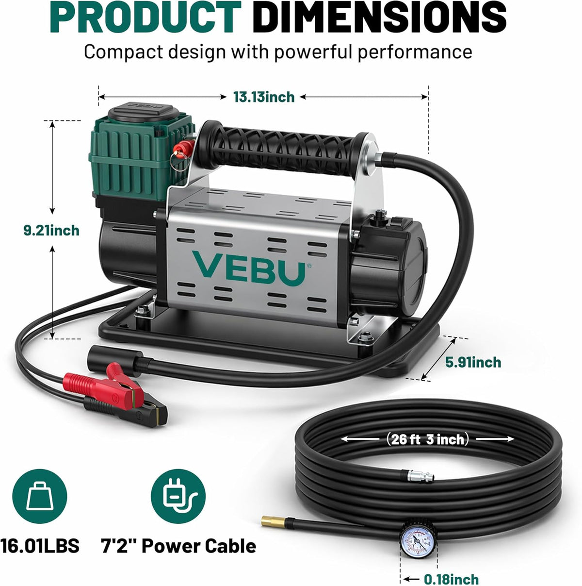 VEBU Compresor de aire de 12 V, inflador de neumáticos de 125 PSI c...