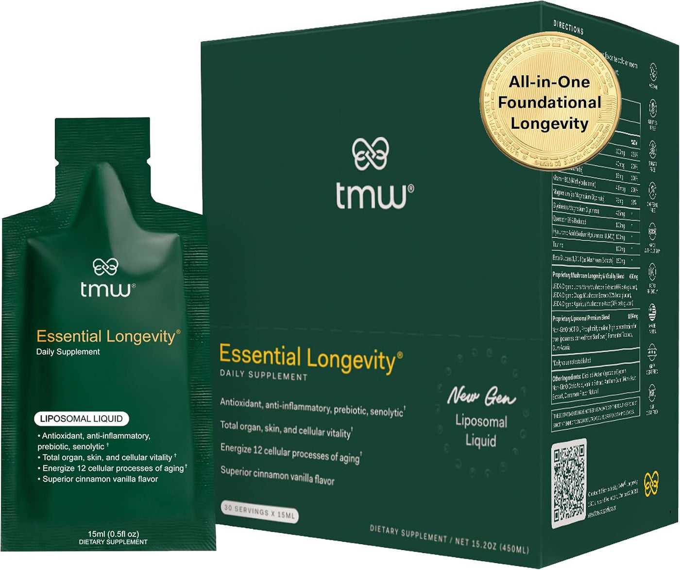 Essential Longevity - Pila 100% liposomal 15 en uno. Precursor NAD+...