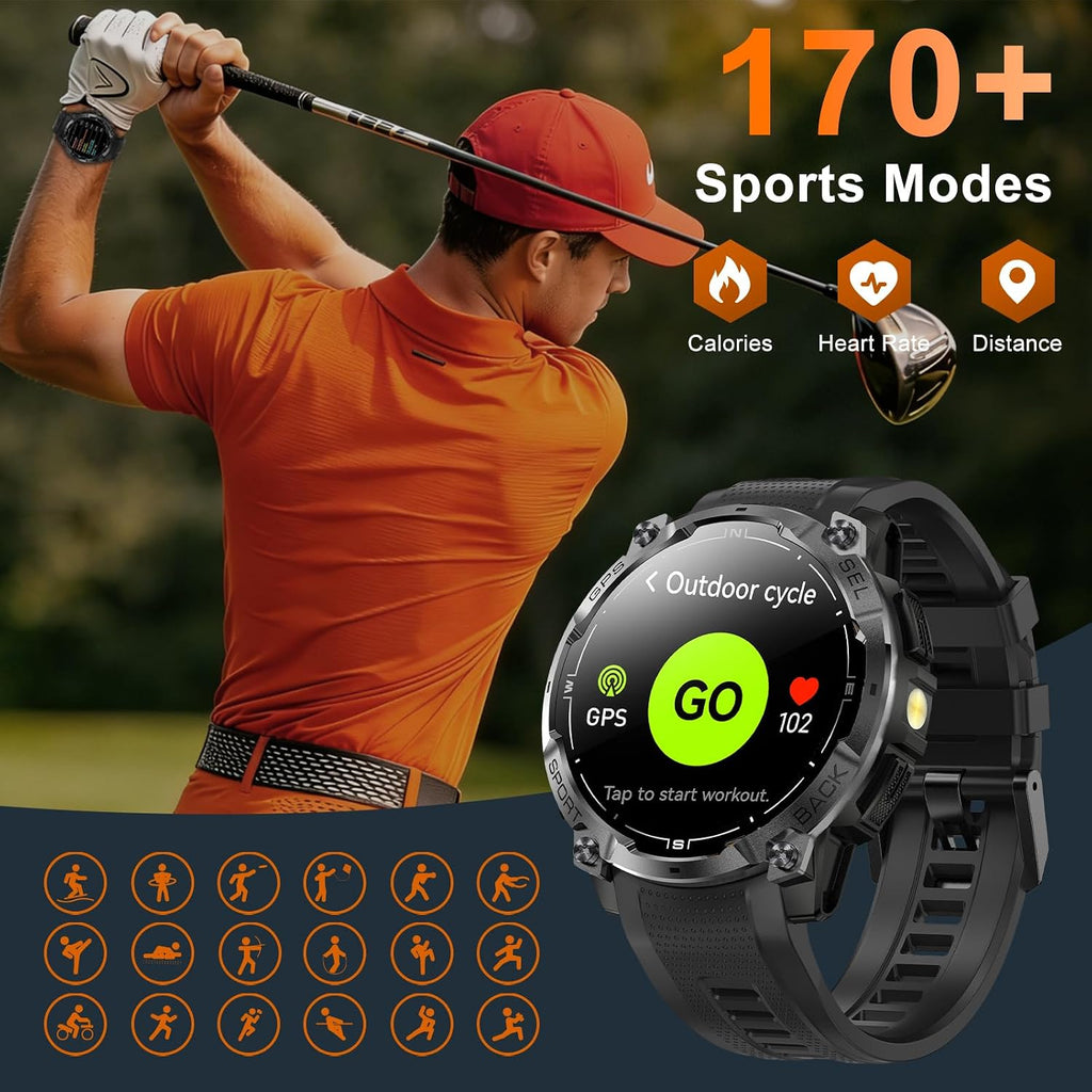 Reloj inteligente militar resistente para hombre con GPS, reloj AMOLED de seguimiento de fitness de 1.43 pulgadas con llamada Bluetooth, linterna/brújula, más de 170 modos deportivos, impermeable, reloj inteligente para hombre para Android iPhone