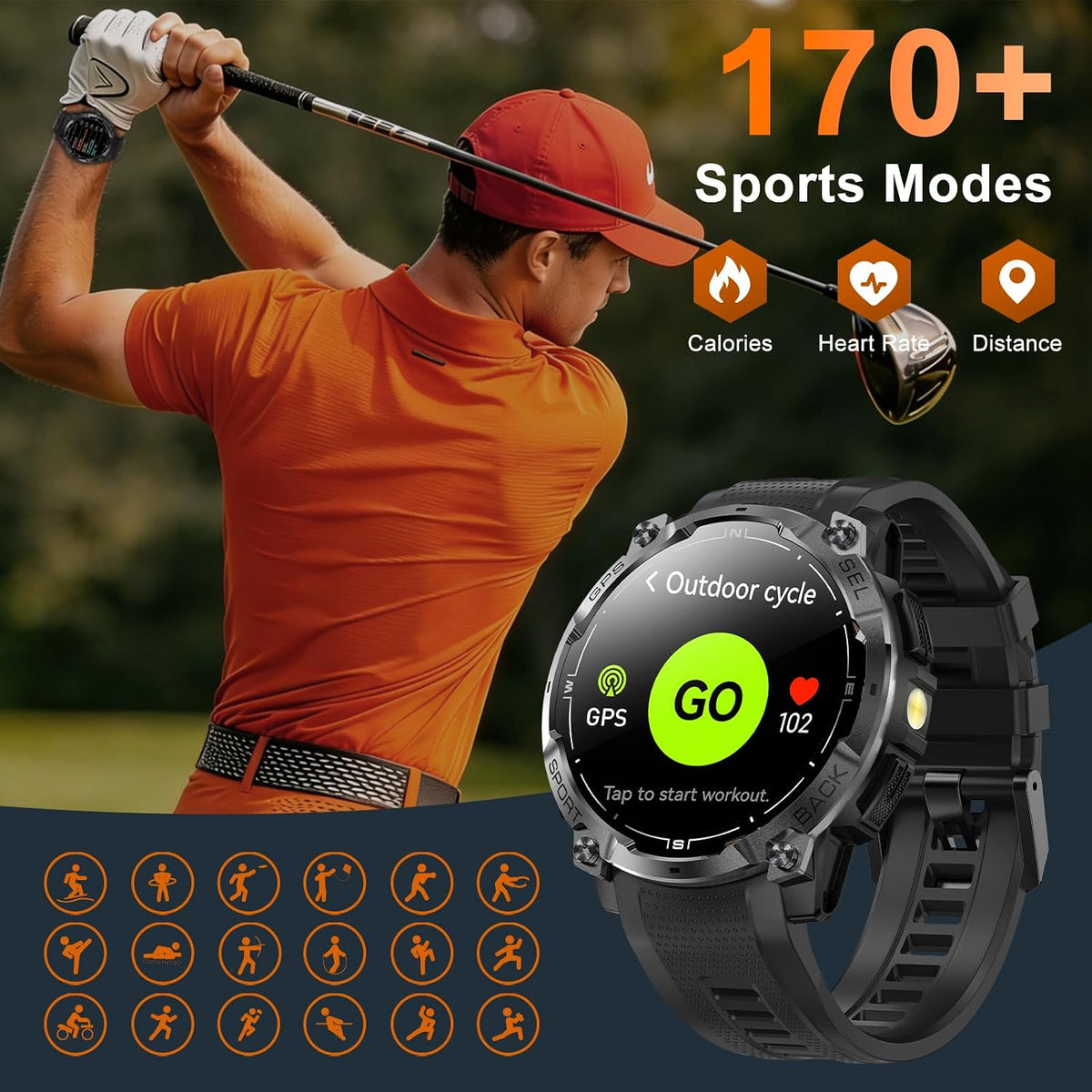 Reloj inteligente militar resistente para hombre con GPS, reloj AMOLED de seguimiento de fitness de 1.43 pulgadas con llamada Bluetooth, linterna/brújula, más de 170 modos deportivos, impermeable, reloj inteligente para hombre para Android iPhone