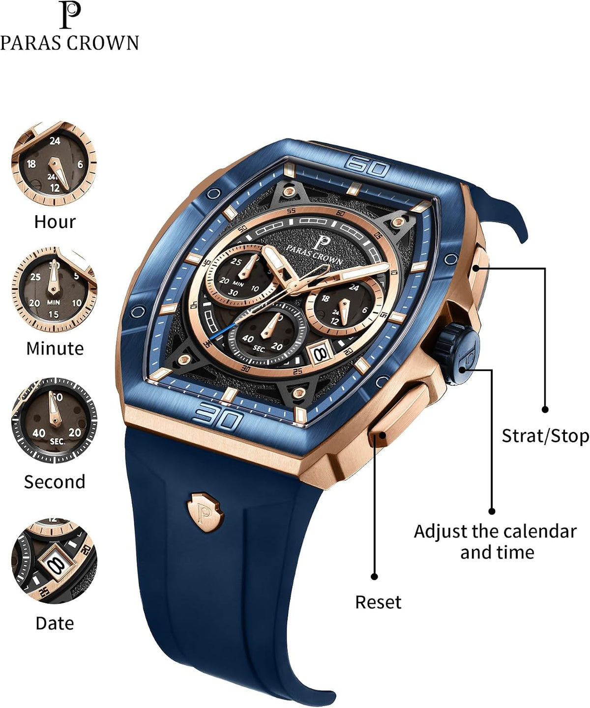 Paras Crown Relojes para Hombre Tonneau 5ATM Resistente al Agua Cuarzo Cronógrafo Analógico Reloj de Pulsera de Lujo para Hombre Caja de Acero Inoxidable Relojes de Hombre