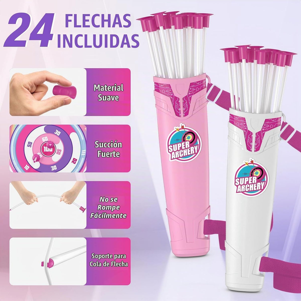 Pack de 2 Arco y Flecha para Niños, Arquería con Luz LED y Diana de Unicornio