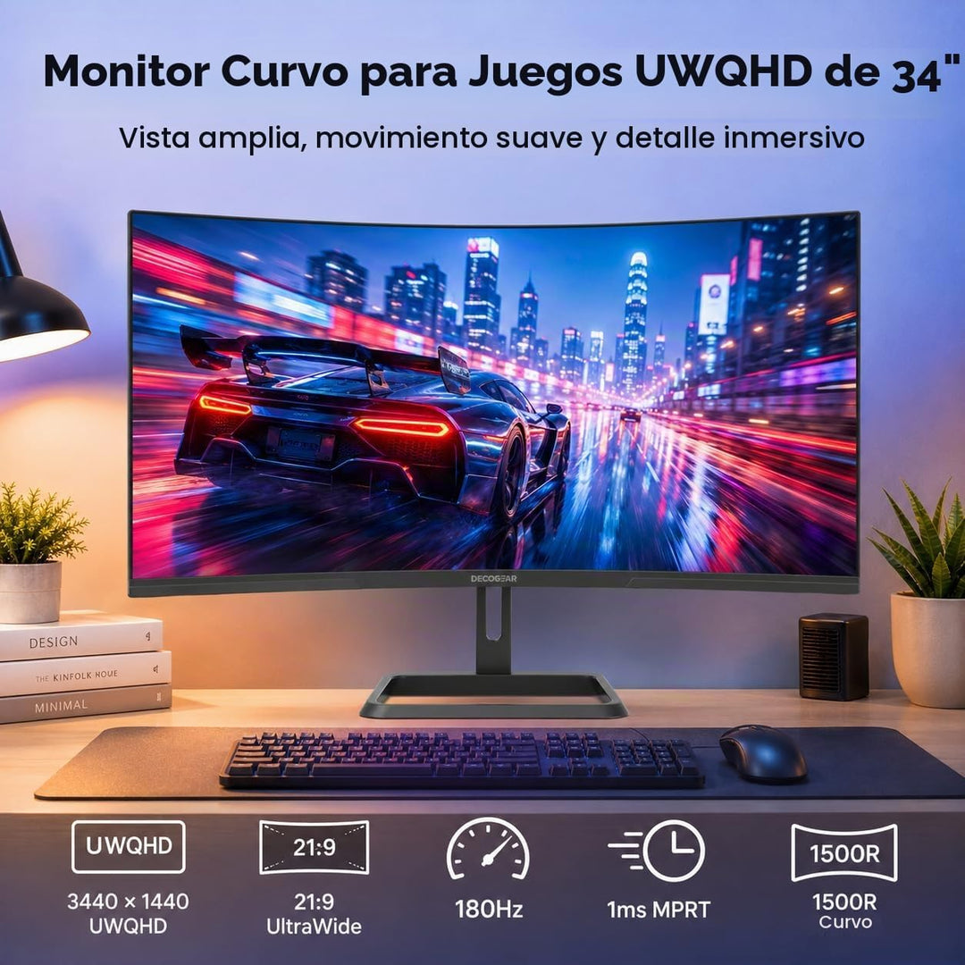 Deco Gear Monitor curvo para juegos de 34 pulgadas, 180Hz UWQHD 344...