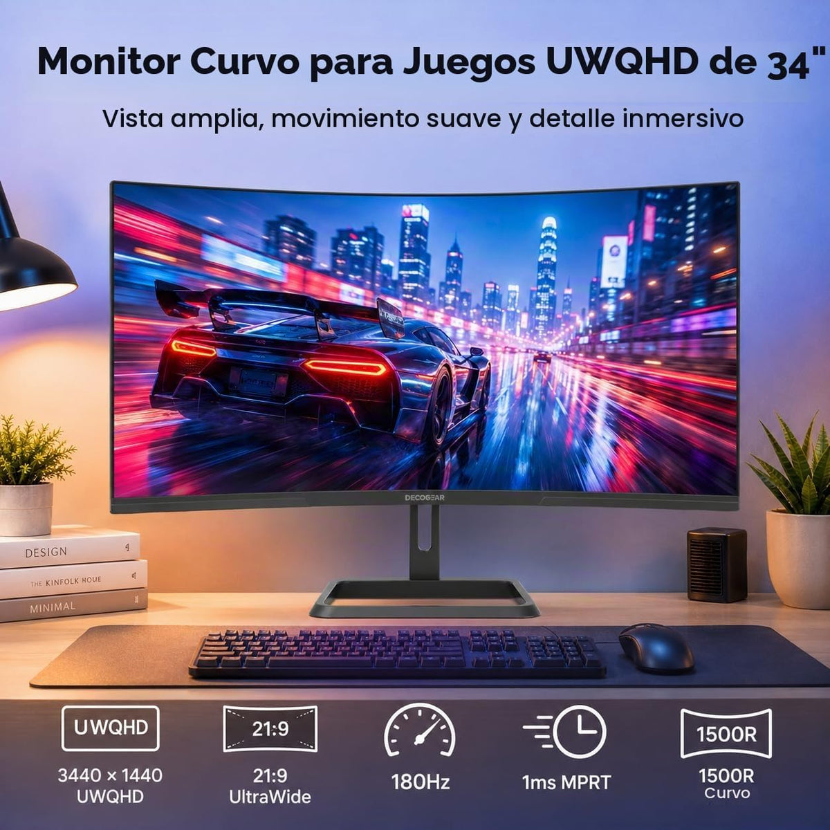 Deco Gear Monitor curvo para juegos de 34 pulgadas, 180Hz UWQHD 344...