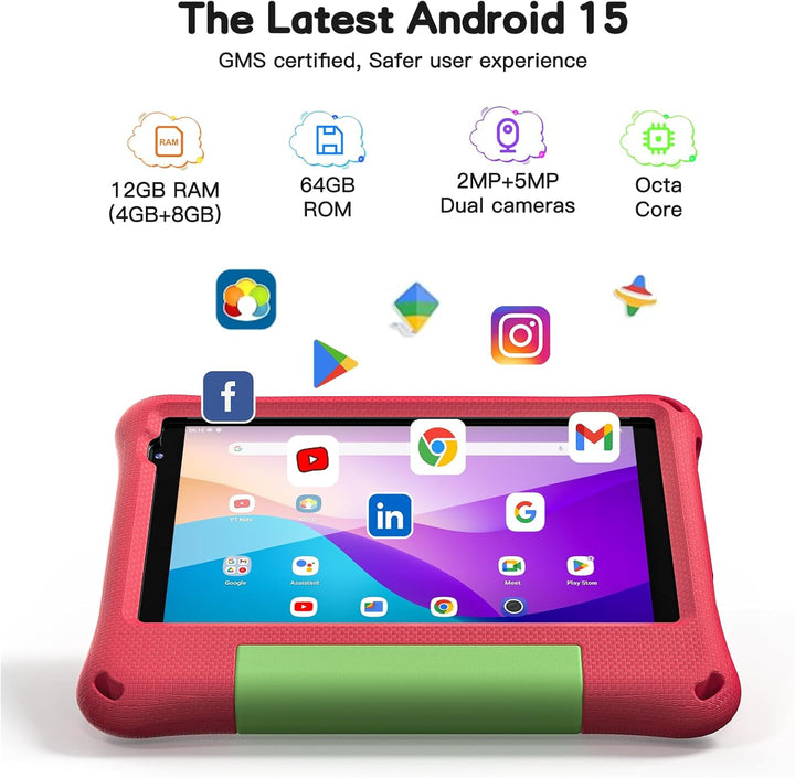 Tableta para niños de 8 pulgadas, Android 15, Octa-Core 12 GB de RA...